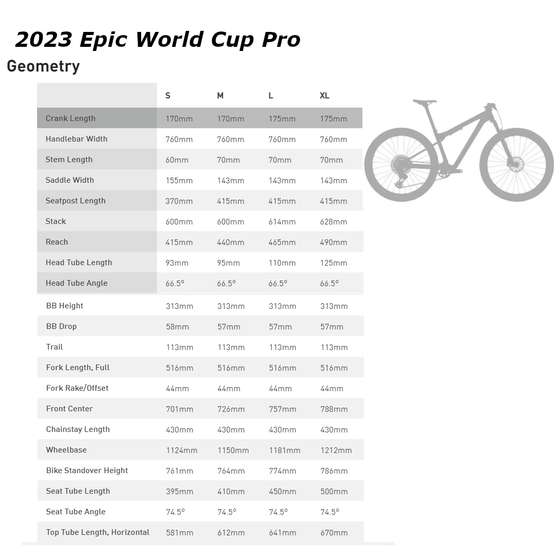 Specialized Epic World Cup WC Geometry Size Chart