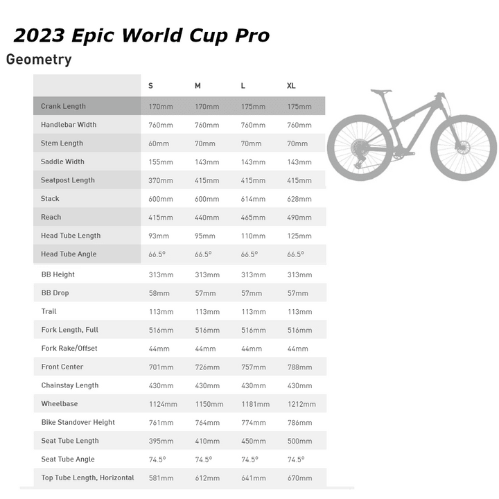 Specialized Epic World Cup WC Geometry Size Chart